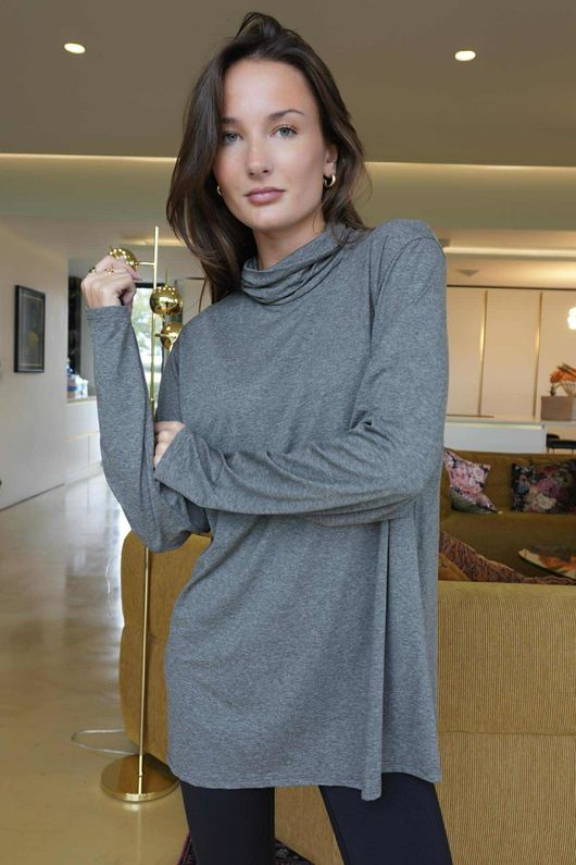 Essential Fine Jersey Polo Neck Top Grey Marl